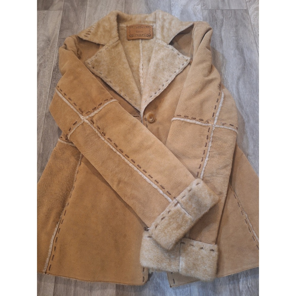 Guess Vintage Y2K Tan Genuine Suede Leather Faux Fur Lined Button Closure Coat M - Picture 6 of 10